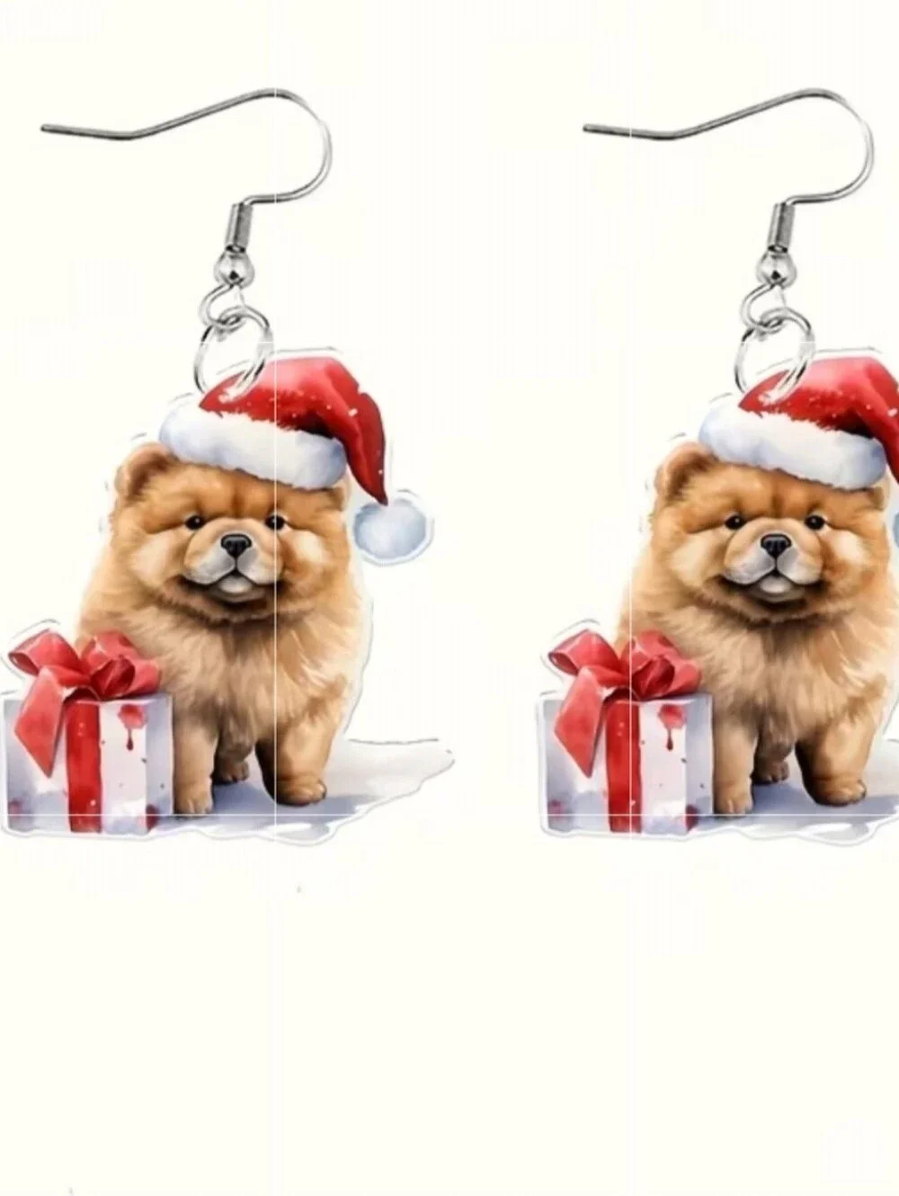 Hand Crafted Festive Red Santa Hat Chow Chow Dog Dangle Earrings